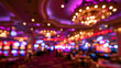 © Olga Ко - Abstract blurred background of a luxurious casino interior with vibrant neon lights, glowing chandeliers, and colorful bokeh from slot machines.