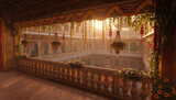 Ornate traditional courtyard decorated for festive celebration at sunset with courtyard decoration architecture traditional hangings celebration ornamental cultural ceremony historical