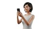 © Gyta Tata - young woman using smartphone smiling in casual white sleeveless dress isolated on white background