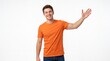 © JAHANGIR - A friendly young man wearing a bright orange t-shirt and blue jeans, smiling and gesturing ad social media download thambnail template event festive festival 2026 2027 2028