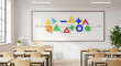 © Sherafgan - Modern classroom with whiteboard and colorful geometric shapes for education and learning