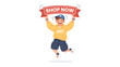 © Karima - Excited shopper holding 'Shop Now' banner