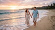 © ArtExpert - Happy young couple holding hands walking barefoot along the shoreline at sunset, romantic tropical beach vacation concept