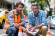 © Anna - Two men are focused on plans while sitting on the street. Traffic cones surround them. They are discussing details in an urban area during daylight