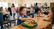 © master1305 - Happy schoolgirl eating healthy packed lunch with friend in busy cafeteria. Concept of balanced school meals, lunchbox products, healthy habits, and positive peer interaction.