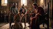 © Svitlana Vorotniak - Man kneeling before a king in a royal court. A servant pleading for mercy before his lord regarding an unpaid debt. Biblical scene from the parable of the unforgiving servant in scripture.