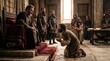 © Svitlana Vorotniak - Servant kneeling and begging for mercy before a king in a royal throne room. Biblical parable scene of the unforgiving debtor. Historical drama illustration of ancient faith lesson.
