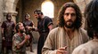 © Svitlana Vorotniak - Man as Jesus Christ watching a king and a servant during a legal dispute. Biblical scene about forgiveness from the parable of the unforgiving servant. Ancient architecture background.