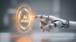 © DailyLens Studio - Robotic hand interacting with a glowing digital screen featuring AI ethics concepts.