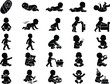 © HossainAhmad - Baby milestones silhouette icons set with crawling playing and first birthday celebrations on white background
