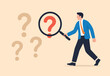 © Parul - Problem analysis or problem management, analyze or investigate for root cause or incident, finding solution or discover threat or uncertain, businessman with magnifying glass analyze question marks