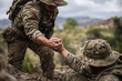 © muhammad - Military Soldier Reaching Out to Help a Comrade Up a Rocky Terrain. Concept of Teamwork, Support, Brotherhood, and the 'Leave No Man Behind' Spirit During a Combat Mission.