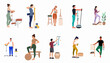 © ValentinaRestrepo - Set of flat illustrations featuring various people engaged in physiotherapy, posture training, spinal health assessments, and fitness exercises for a healthy lifestyle.