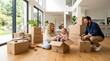 © Quadejah - Happy family with child playing in cardboard boxes inside a new home