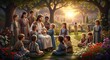 © burhan - Jesus Christ surrounded by children in a lush sunlit garden at golden hour.