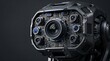 © Oktaviana Ersa - A close-up 3D render of a futuristic robotic vision system, featuring a complex multi-camera lens array integrated onto a detailed gold AI circuit board inside dark mechanical armor.
