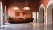 © Sergey - Elegant boutique hotel reception featuring a handcrafted walnut reception desk, soft terracotta walls, designer lighting, natural stone flooring