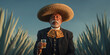 © Artificial South - A distinguished older gentleman wearing a traditional sombrero and suit, holding a shot glass filled with amber liquid, stands amidst a field of agave plants under a clear blue sky.