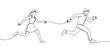 © Maru - A man and a woman are running with ropes tied around their wrists together