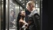 © ekaterinabyuksel - A handsome young man and a beautiful woman look at each other and smile while standing in an elevator. A couple of lovers tenderly touch each other in an elevator