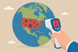 © Hanufa - COVID-19 Coronavirus pandemic crisis in America, bad situation high cases and death in the US concept, hand holding infrared thermometer high heat temperature on USA map on planet earth