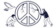 © Abu - Black and white of a dove holding a cracked peace symbol, symbolic tension broken