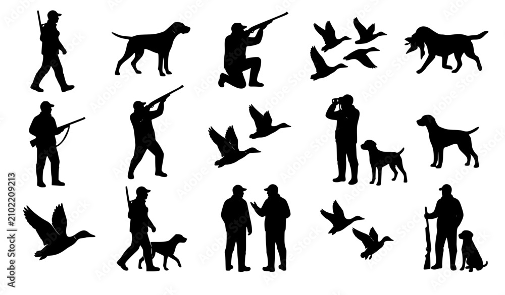 Hunter rifle dog and flying duck silhouette collection isolated on ...
