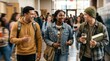 © Nina - Diverse group of college students walking and talking in a university hallway, happy young adults on campus, education and friendship concept