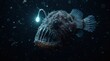 © Stockholm19 - A deep sea anglerfish swims through the dark ocean depths while glowing with its signature bioluminescent lure at night time