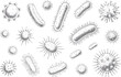 © Vector_Mint - Dibujo a mano de diversas bacterias, virus y microorganismos aislados en un patrón de fondo blanco