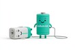 © Laktharindu - Cute 3D cartoon of a green Sodium-Ion battery recharging an exhausted flat lithium battery on white background