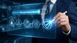 © yura - threat detection process monitoring. interactive digital interface using stylus on virtual screen. corporate artificial intelligence cybersecurity. modern enterprise data protection strategy success.