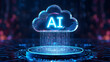© SYCREATION - Artificial intelligence cloud computing icon on digital podium, glowing blue AI network technology, futuristic data storage and machine learning concept