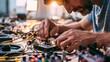 © pisan thailand - A focused technician works on electronic equipment amidst a tangle of wires and circuitry, showcasing skill in electronics and sound technology.