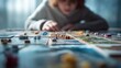 © Aisha - board game viewed from top angle, child playing in background, focus on game layout, minimal and clean composition, 8k