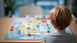 © Aisha - board game viewed from top angle, child playing in background, focus on game layout, minimal and clean composition, 8k