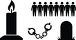 © Merittka - A collection of black featuring a burning candle, a group of people standing in a line, a pair of handcuffs, and a tombstone silhouette