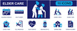 © Jessica - Elder care icon set. Containing calendar, planner, wheelchair, caregiver, elderly home, fall prevention, heart monitor, medicine bottle, nursing home and more. Solid fill vector icons.