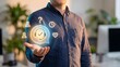 © NK - Customer service and support concept, man holding speech bubble with headset and checkmark, question mark, clock, heart and user icons, helpdesk assistance, client care and consumer satisfaction