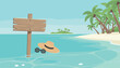 © Elizabeth - Summer beach landscape with palm trees, distant small island, and empty wooden sign near sunglasses and a sun hat in the water.