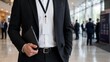 © Junaid - Businessman Holding Tablet With Blank ID Badge Mockup At Corporate Business Conference