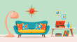© MFelicity - Midcentury modern living room interior with retro sofa and record player
