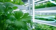 © BackgroundStudio - Fresh cilantro growing in modern indoor vertical farm with LED lights.