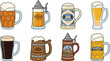 © Afsana - Set of beer mug and stein illustrations, featuring various traditional German, wooden, and glass drinkware designs