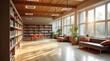 © Leonardo - Biblioteca escolar vacía con estanterías contemporáneas