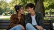 © Usman - A smiling young couple shares wired earbuds on a park bench under leafy trees, useful for campaigns about music, dating, friendship, or outdoor leisure.