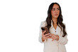 © Komora - Young professional woman using smartphone, sending message or browsing application, wearing blazer, communicating, transparent background