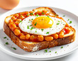 © Bill - Fried egg on baked beans on toast, white plate, closeup. AI