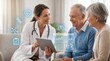 © Casey - Smiling female doctor consulting elderly couple using tablet with holographic health metrics, representing personalized medicine, telehealth and digital wellness for senior care