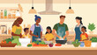 © blu - A diverse group of adults and children cooking together in a modern kitchen, preparing healthy meals with fresh vegetables, fostering community and shared culinary experiences.